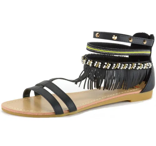 Alpine Swiss Womens Beaded & Studded Fringe Flat Gladiator Sandals