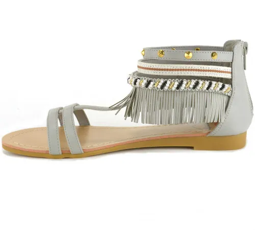 Alpine Swiss Womens Beaded & Studded Fringe Flat Gladiator Sandals