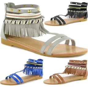 Alpine Swiss Womens Beaded & Studded Fringe Flat Gladiator Sandals