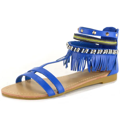 Alpine Swiss Womens Beaded & Studded Fringe Flat Gladiator Sandals