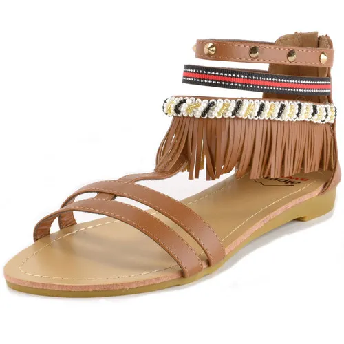 Alpine Swiss Womens Beaded & Studded Fringe Flat Gladiator Sandals