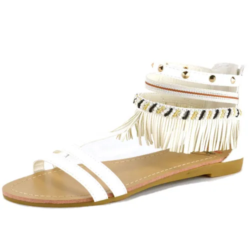 Alpine Swiss Womens Beaded & Studded Fringe Flat Gladiator Sandals