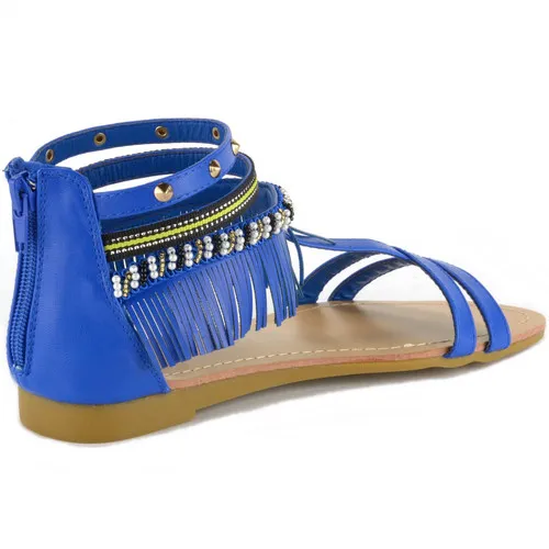 Alpine Swiss Womens Beaded & Studded Fringe Flat Gladiator Sandals