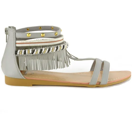 Alpine Swiss Womens Beaded & Studded Fringe Flat Gladiator Sandals