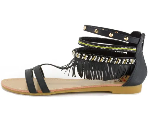 Alpine Swiss Womens Beaded & Studded Fringe Flat Gladiator Sandals