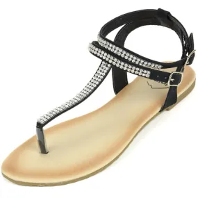 Alpine Swiss Womens Slingback T-Strap Rhinestone Ankle Strap Thong Sandals