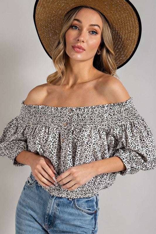 Animal Print Smocked Off The Shoulder Top