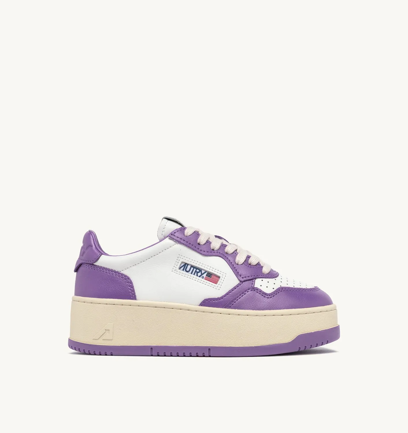 AUTRY NEW ARRIVALS WOMAN WOMANMEDALIST PLATFORM LOW SNEAKERS IN LEATHER COLOR WHITE AND LAVENDER