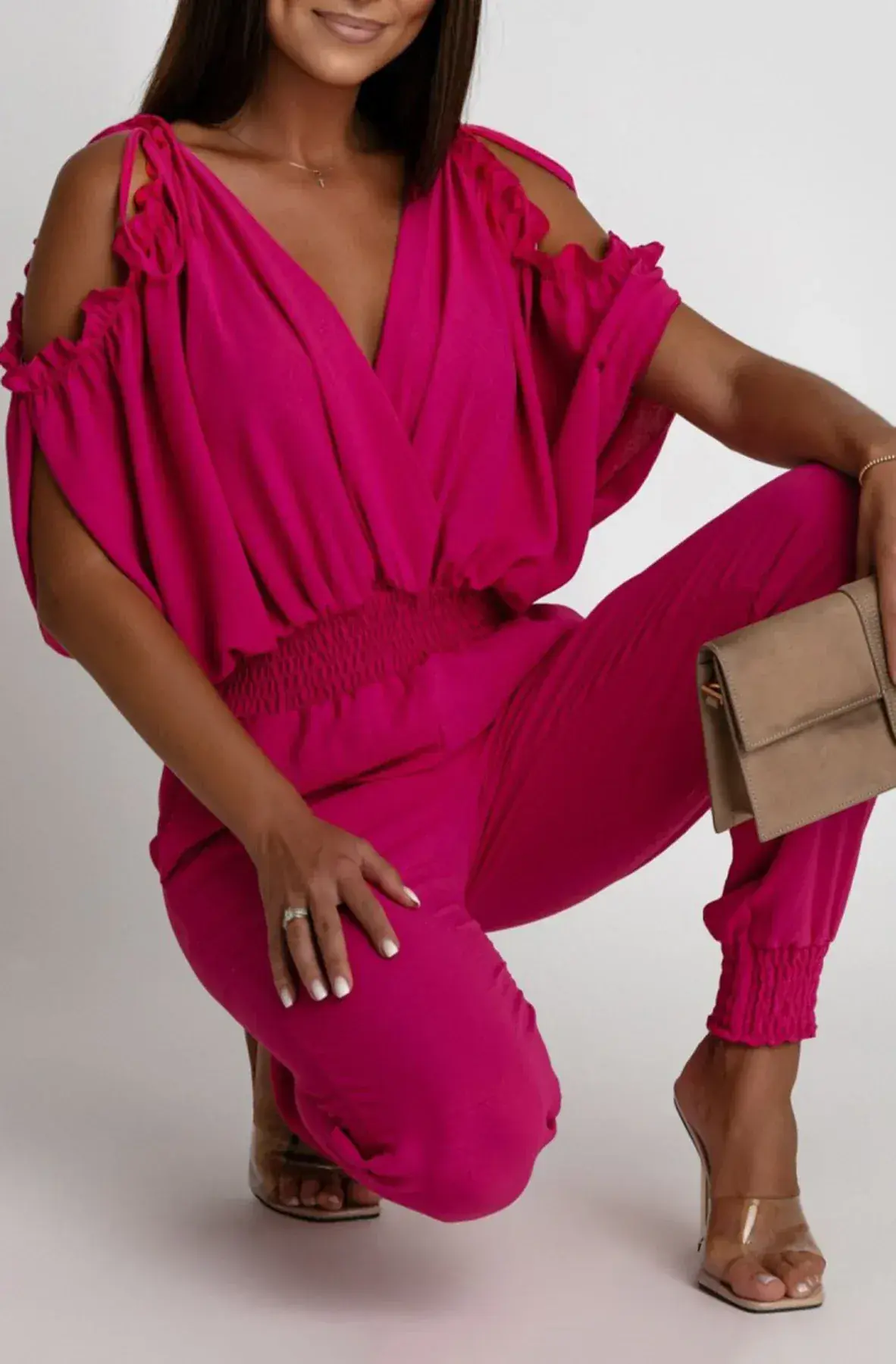 Azeila Cold  Shoulder Jumpsuit -Hot Pink