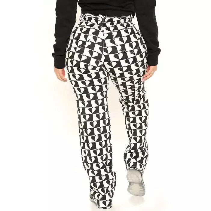 Black and white heart print straight leg jean