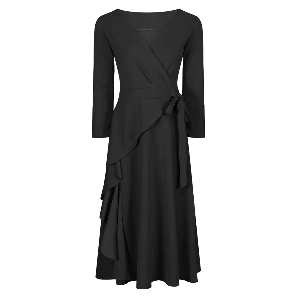 Black Long Sleeve Side Tie Wrap Dress