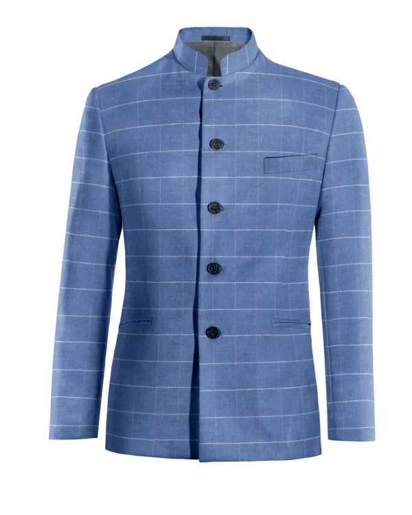  Blazer cuello mandarín azul eléctrico de lino-algodón a cuadros ligera