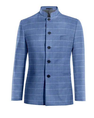  Blazer cuello mandarín azul eléctrico de lino-algodón a cuadros ligera