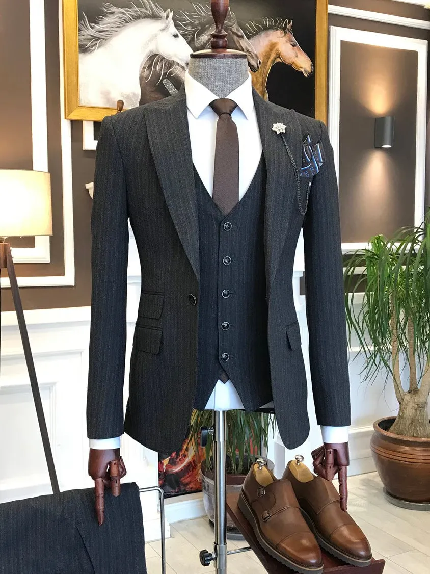 Bojoni Grey Striped Slim-Fit Suit 3-Piece