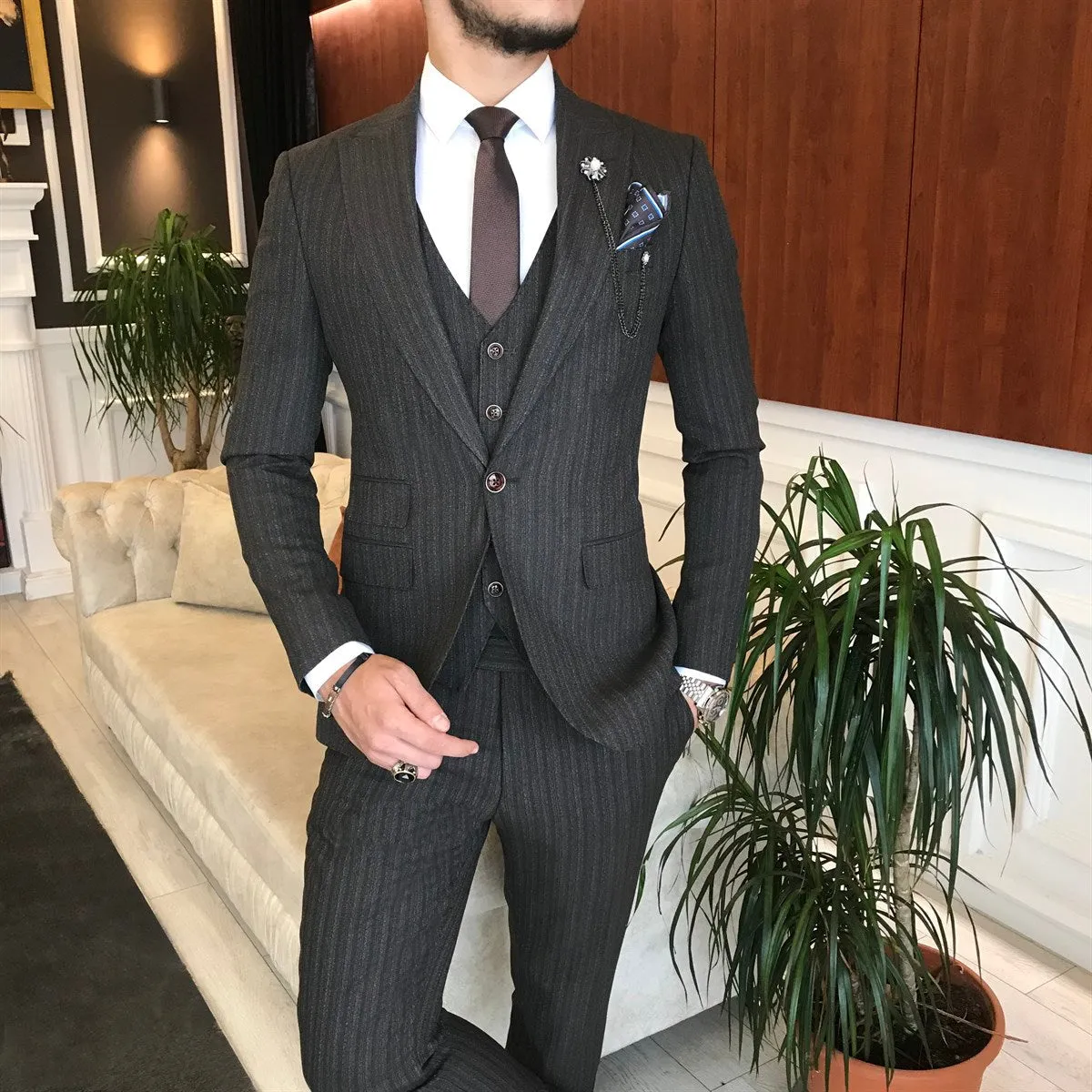 Bojoni Grey Striped Slim-Fit Suit 3-Piece