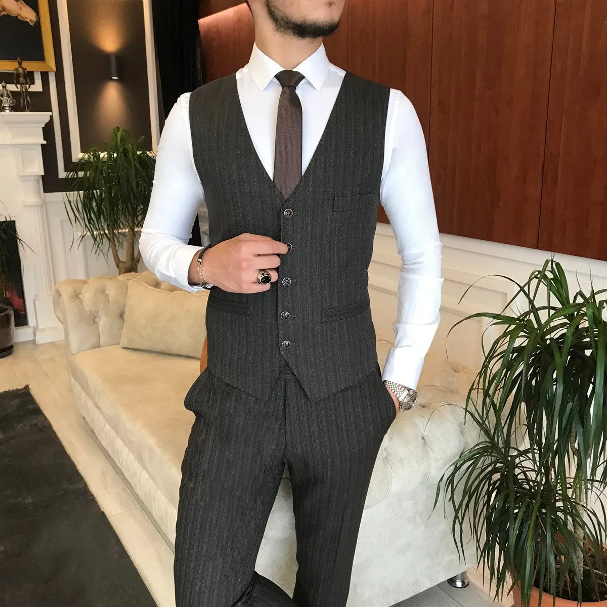 Bojoni Grey Striped Slim-Fit Suit 3-Piece