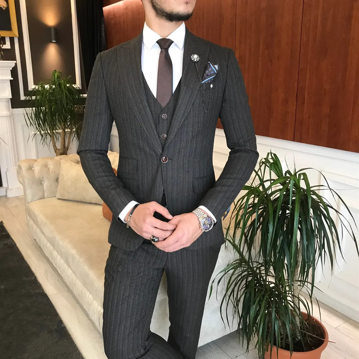 Bojoni Grey Striped Slim-Fit Suit 3-Piece