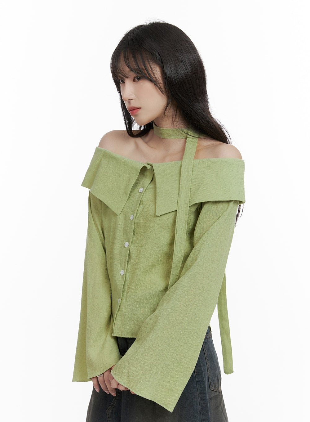 Buttoned Off-Shoulder Top with Scarf CA403