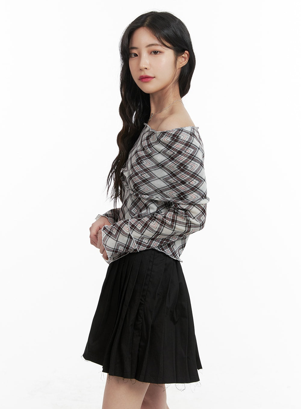 Checked Off-Shoulder Top OM422