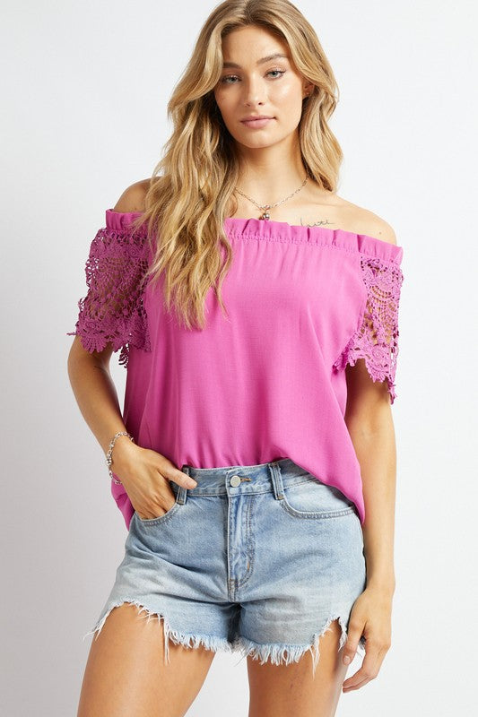 CROCHET LAEC SLEEVE ACCENT OFF SHOULDER TOP