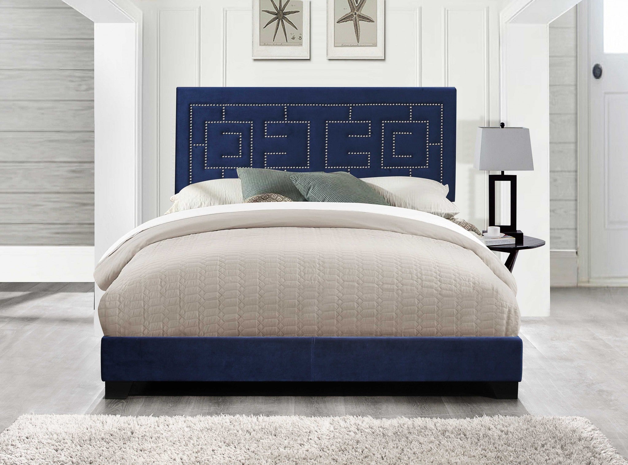 Dark Blue Standard Bed Upholstered With Nailhead Trim And With Headboard