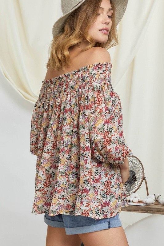 Davi & Dani Floral Smocked Off Shoulder Top