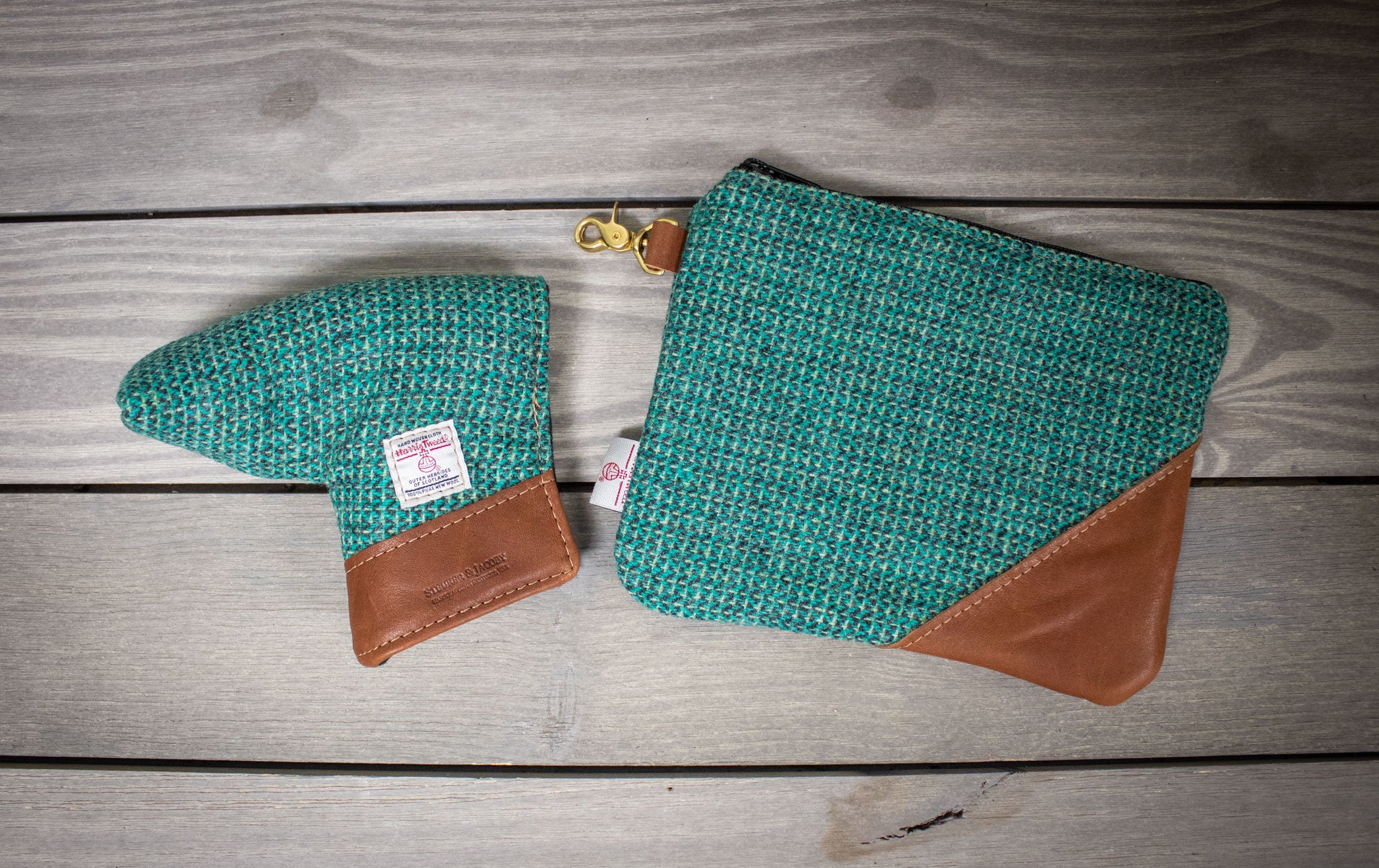 Harris Tweed Putter Cover and Valuables Pouch in Green