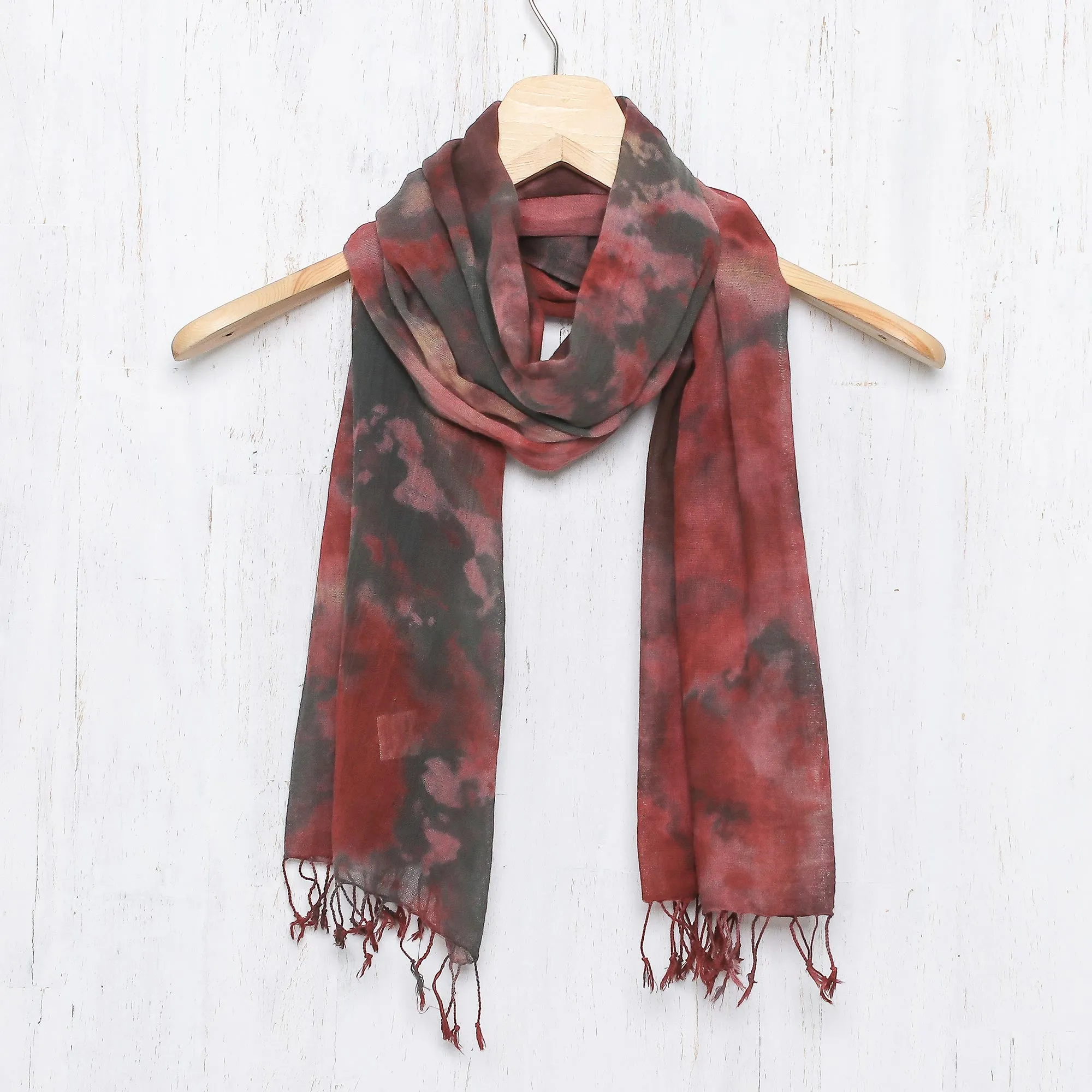 Heated Colors Tie-Dyed Cotton Wrap Scarf in Red from Thailand