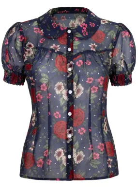 Hell Bunny Camellia Flowers 40's Blouse Navy Blue