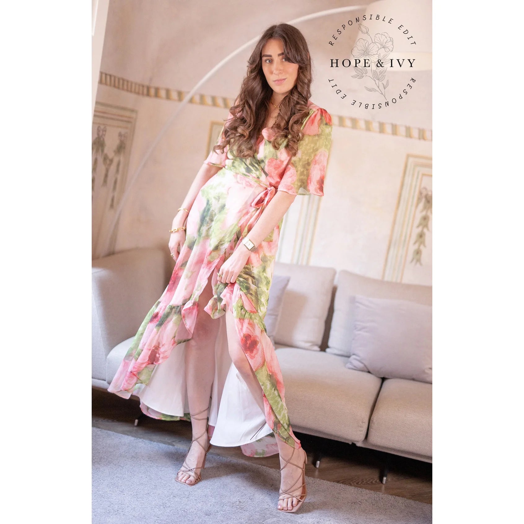 Hope & Ivy Pink & Green Floral Print Flutter Sleeve Maxi Wrap Dress