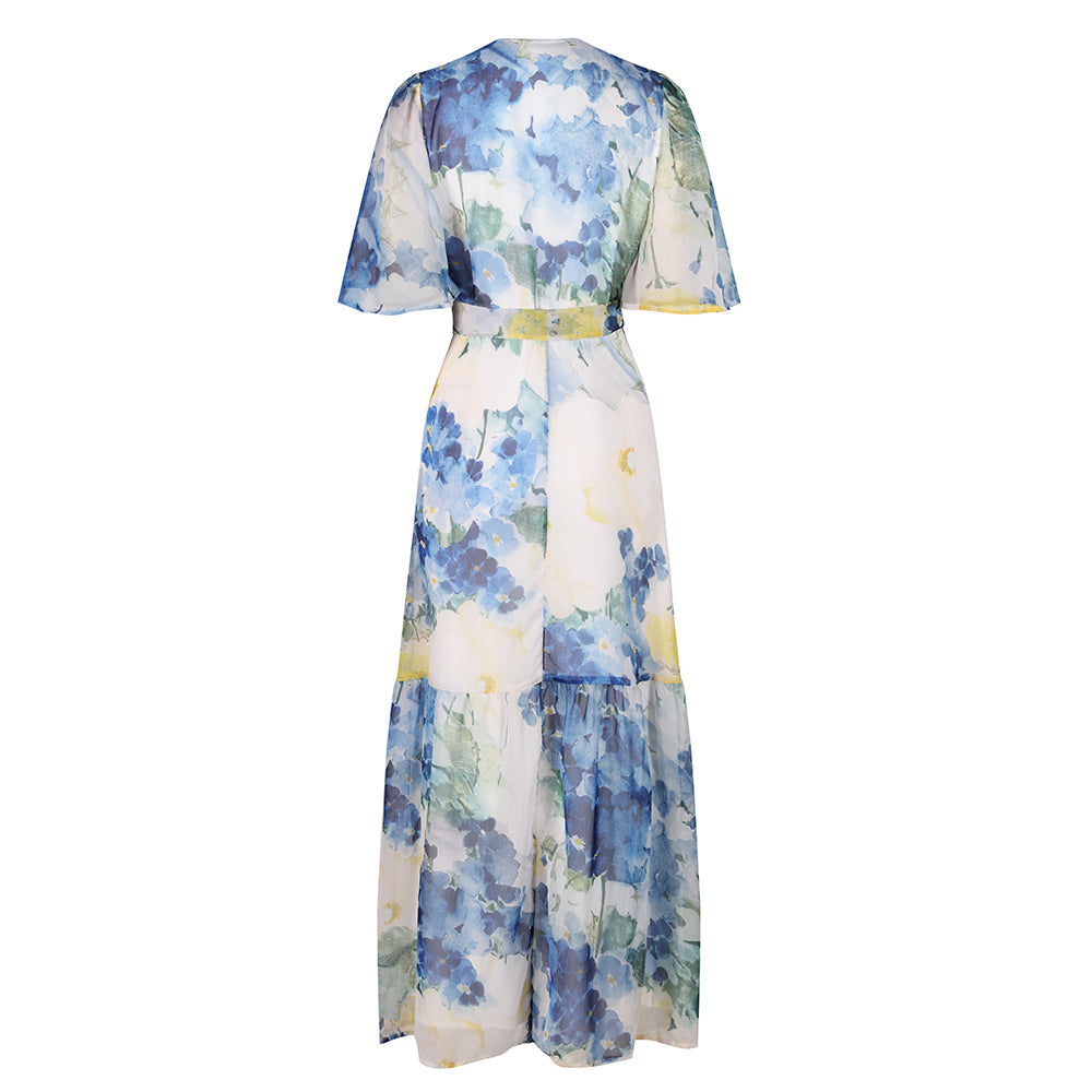 Hope & Ivy White & Blue Floral Print Flutter Sleeve Maxi Wrap Dress