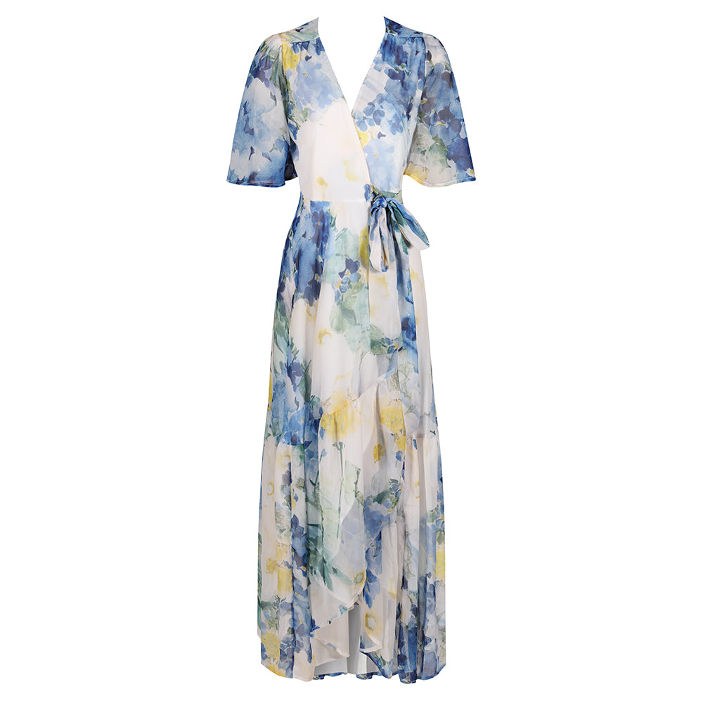 Hope & Ivy White & Blue Floral Print Flutter Sleeve Maxi Wrap Dress