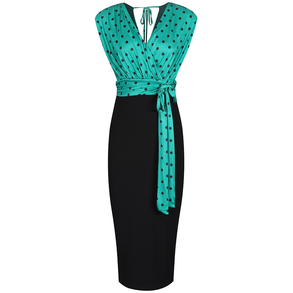 Jade Green And Black Polka Wrap Effect Bodycon Midi Dress