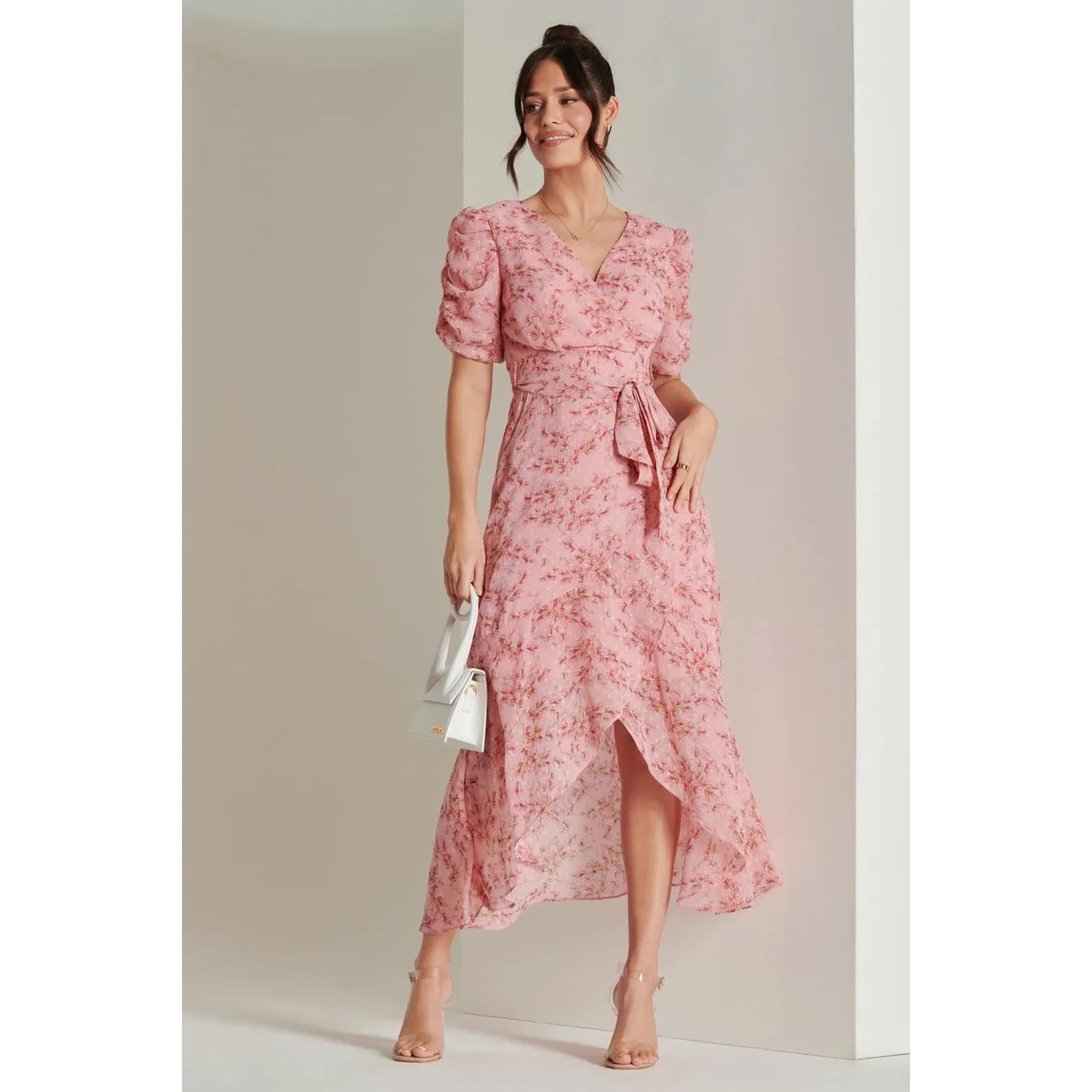 Jolie Moi Pink Textured Chiffon Waterfall Wrap Dress