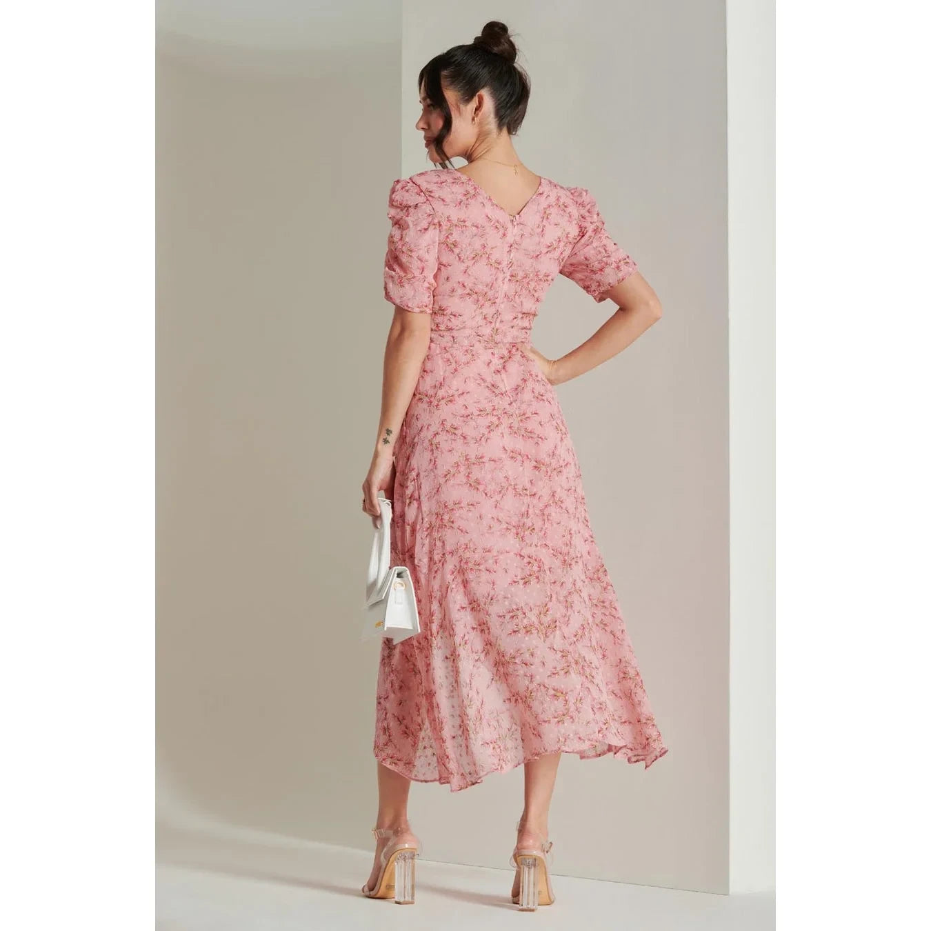 Jolie Moi Pink Textured Chiffon Waterfall Wrap Dress