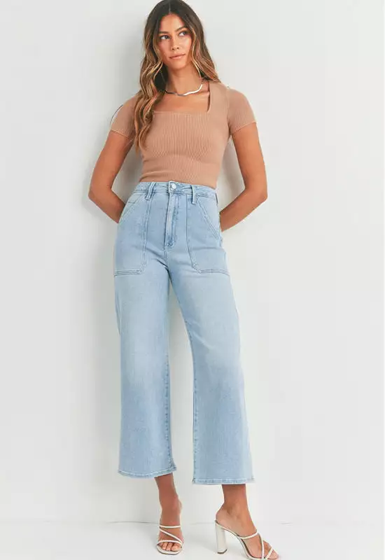 Just Black - High Rise Cargo Pocket Wide Leg Jean Light Denim