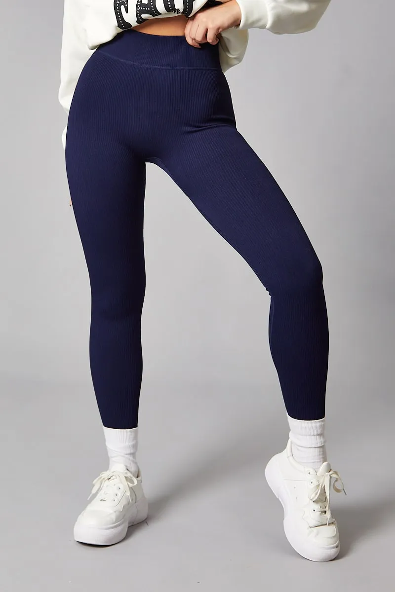 Navy Rib Knit High Waisted Leggings - Ren