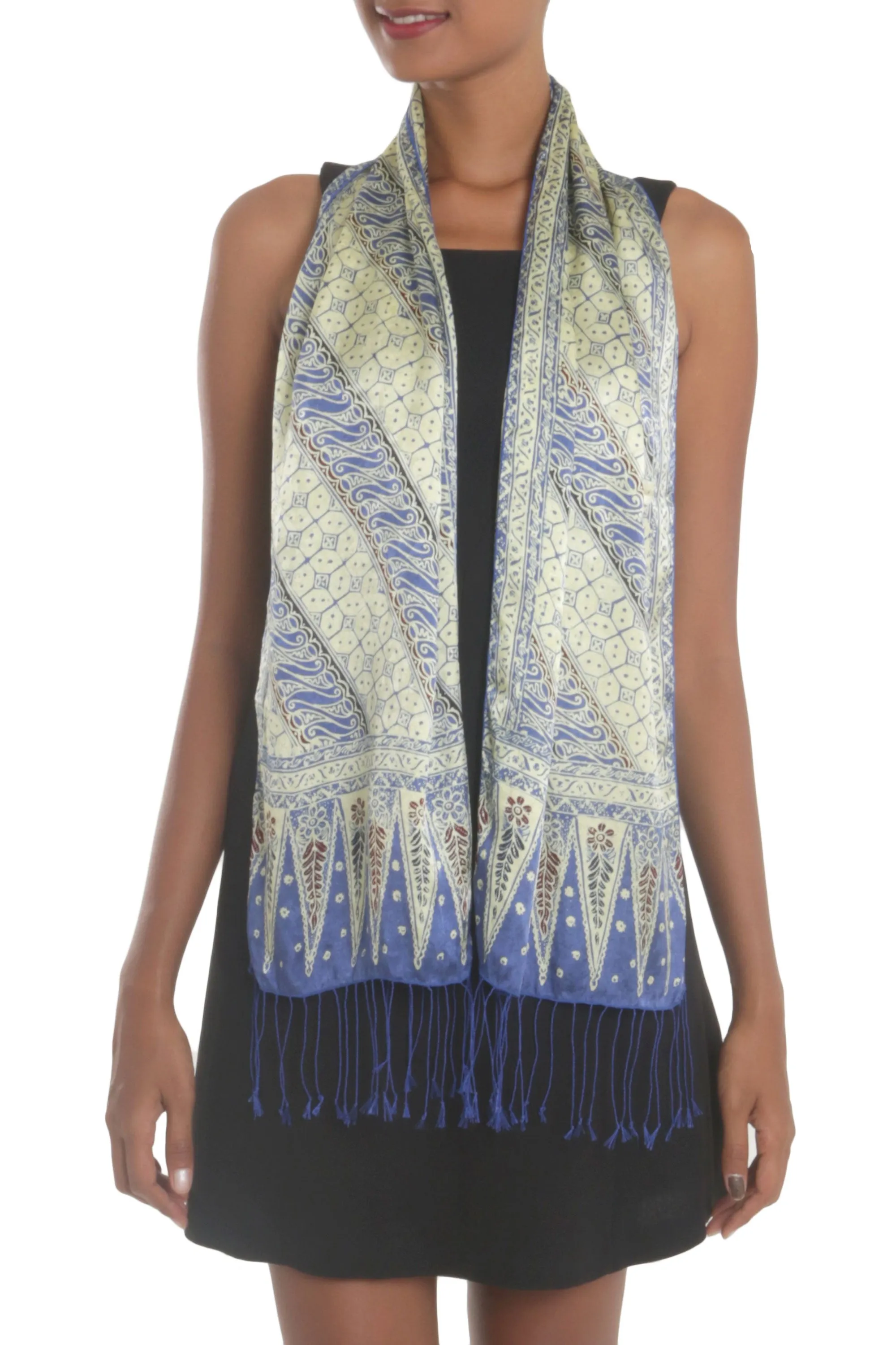 Parang World in Indigo Batik Silk Scarf with Parang Motifs in Indigo from Bali