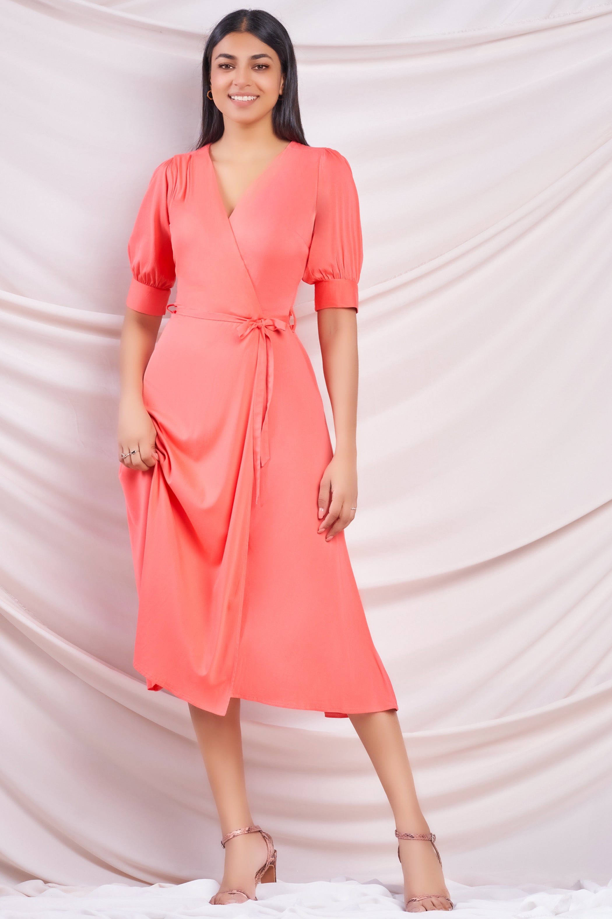 Peach Midi Wrap Dress