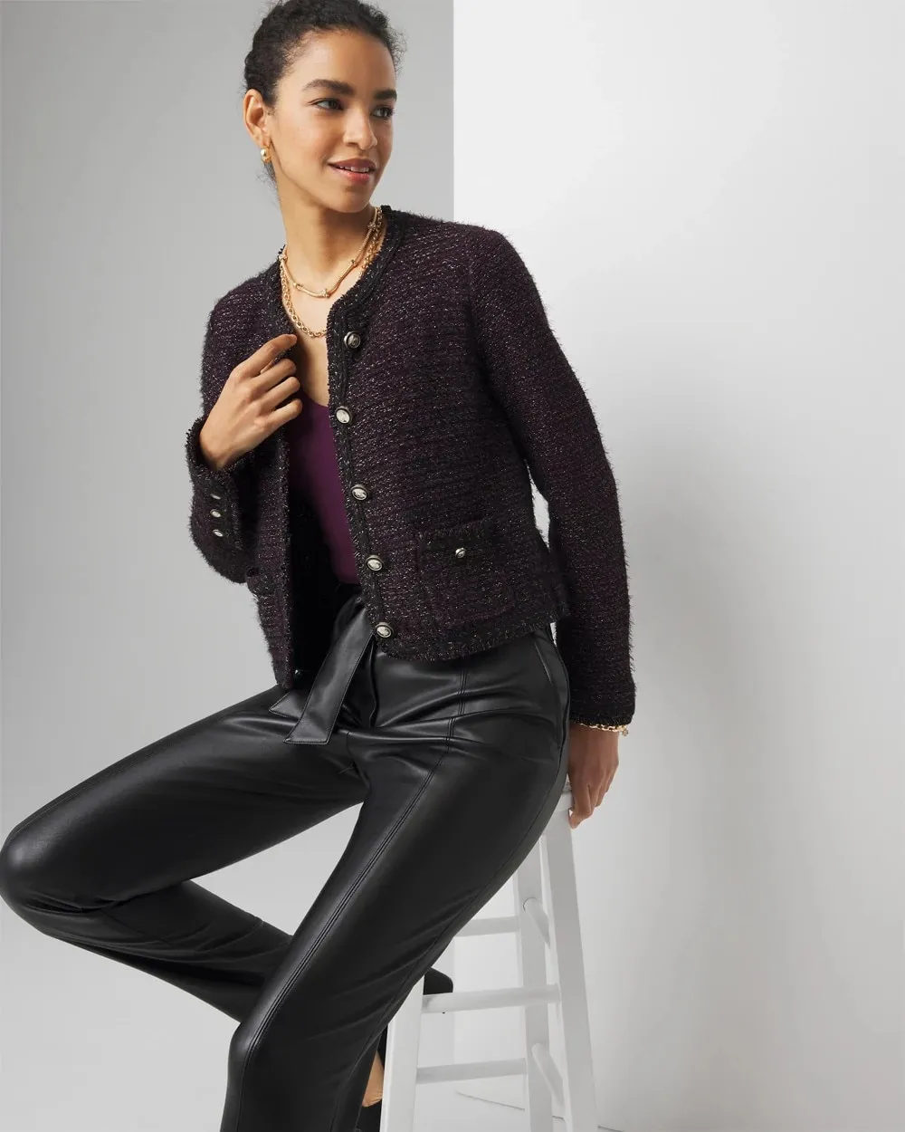 Petite Metallic Tweed Sweater Jacket