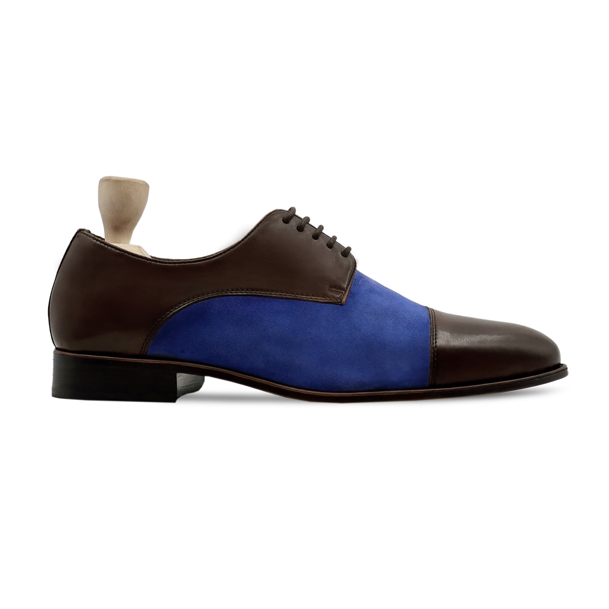 Rusal - Men's Dark Brown Calf And Blue Kid Suede Derby Shoe