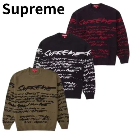 Supreme  |Unisex Street Style U-Neck Plain Logo Skater Style Sweaters