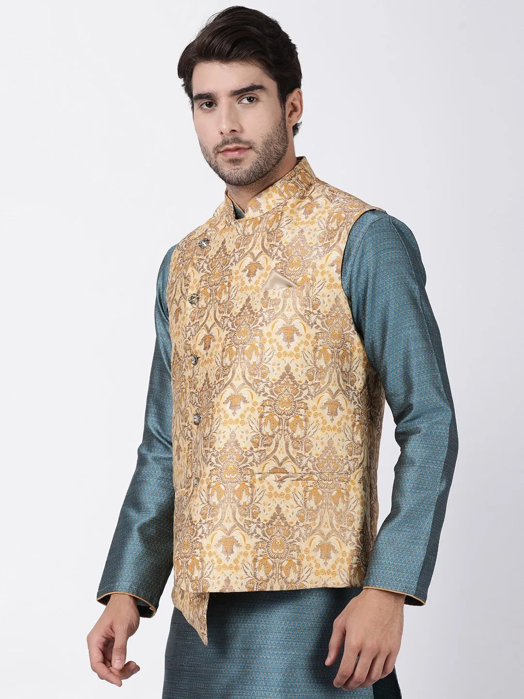 VASTRAMAY Men's Gold Cotton Silk Blend Ethnic Jacket