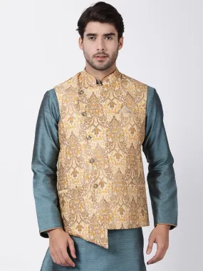 VASTRAMAY Men's Gold Cotton Silk Blend Ethnic Jacket