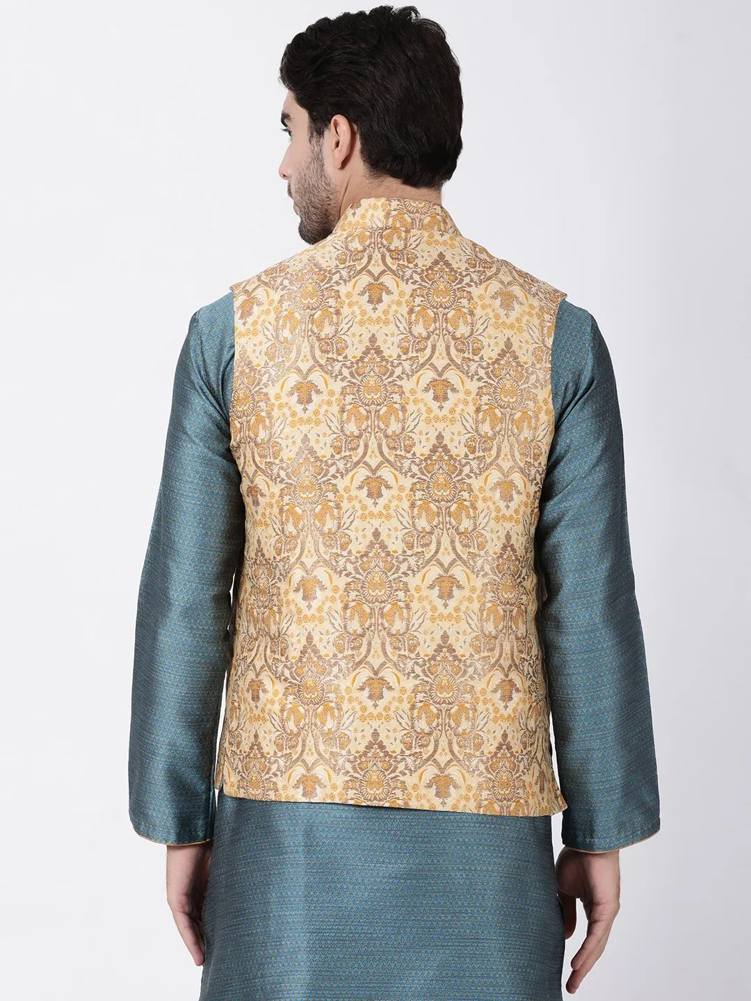 VASTRAMAY Men's Gold Cotton Silk Blend Ethnic Jacket