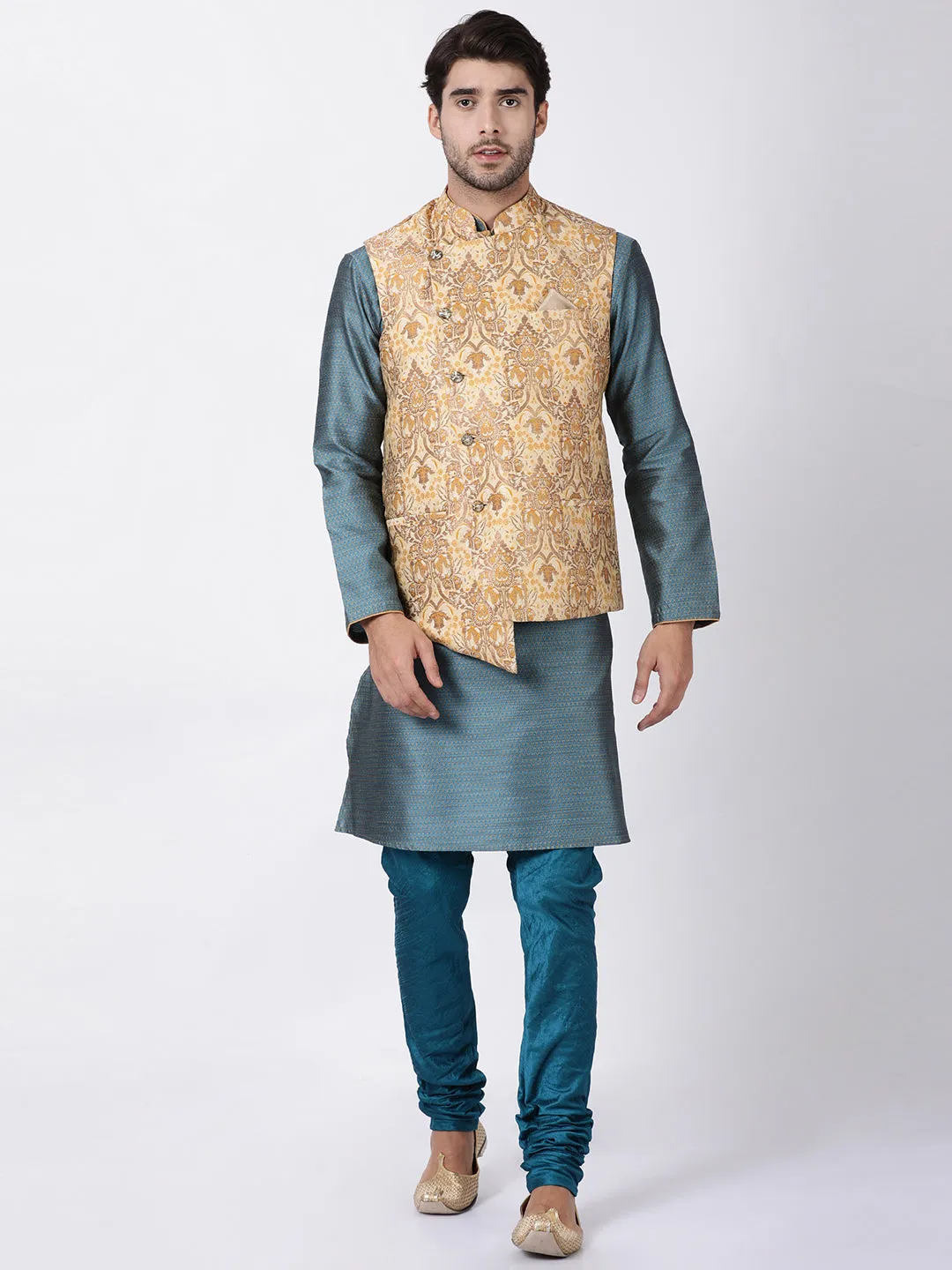 VASTRAMAY Men's Gold Cotton Silk Blend Ethnic Jacket