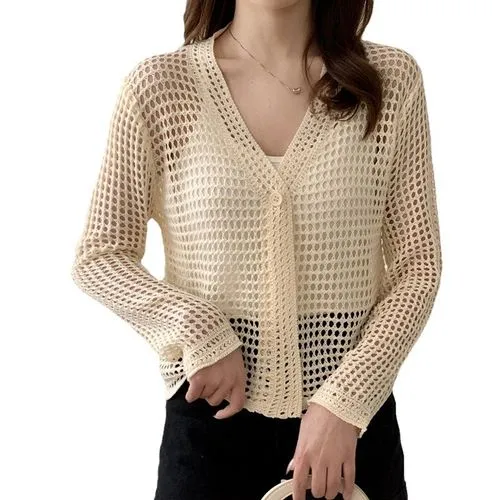 Women's Cardigan Long Sleeve Blouses Button Hollow Out Elegant Solid Color