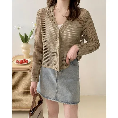 Women's Cardigan Long Sleeve Blouses Button Hollow Out Elegant Solid Color