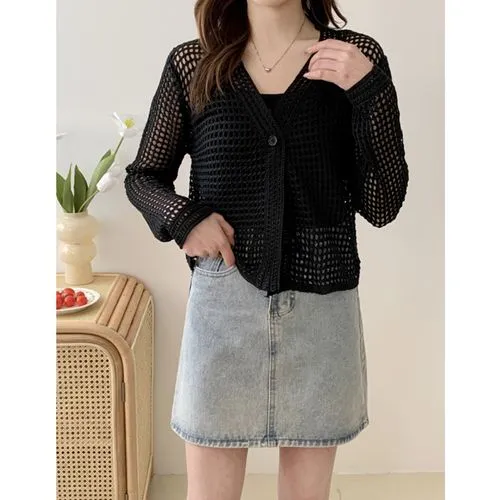 Women's Cardigan Long Sleeve Blouses Button Hollow Out Elegant Solid Color