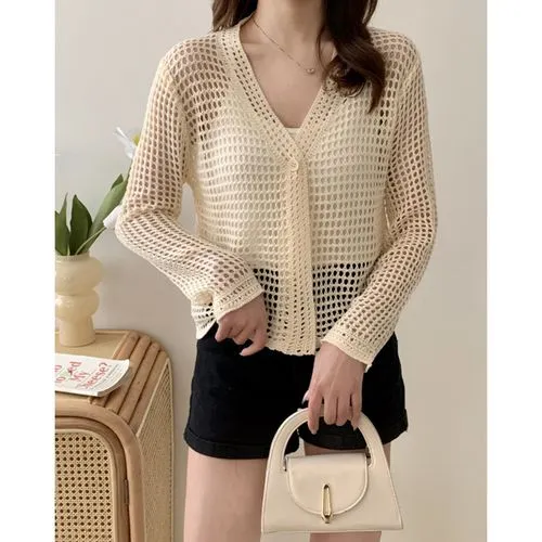 Women's Cardigan Long Sleeve Blouses Button Hollow Out Elegant Solid Color